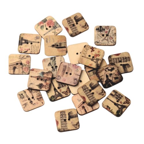 30 boutons vintage monuments en bois 19 mm
