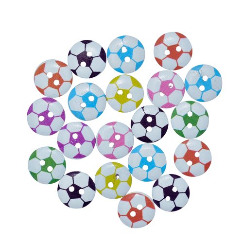 30 boutons ballons de foot en bois multicolores 15 mm