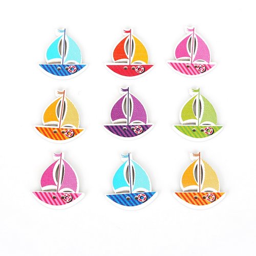 20 boutons en bois bateaux, boutons voiliers, 3 cm pour projets couture scrapbooking