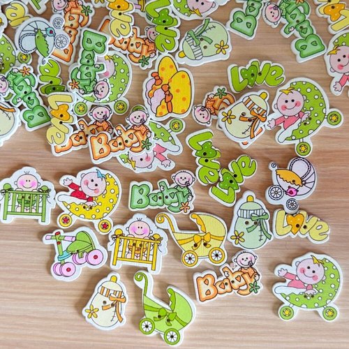 40 boutons bébé en bois pour projets couture scrapbooking