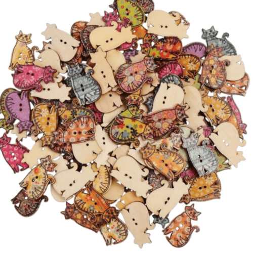50 boutons chats en bois, projet couture, scrapbooking, diy 3 cm