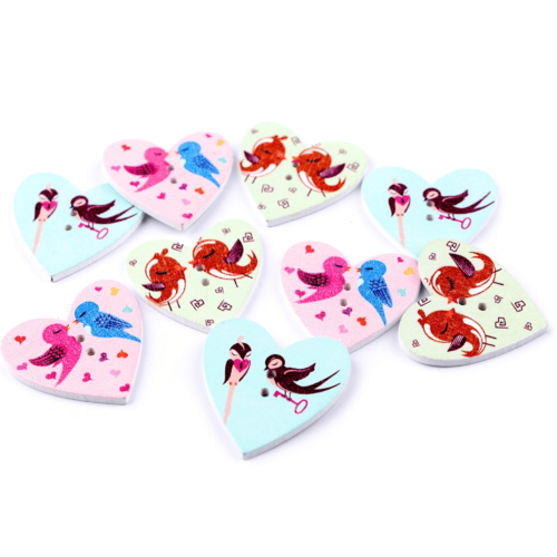 12 boutons coeurs, motifs oiseaux, flamants roses, projet scrapbooking
