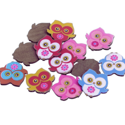 20 embellissements hiboux chouettes en bois peint 2,4 cm - rare
