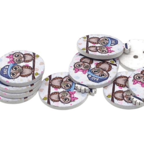15 boutons en bois chouettes hiboux chouettes 2,5 cm - 2 trous
