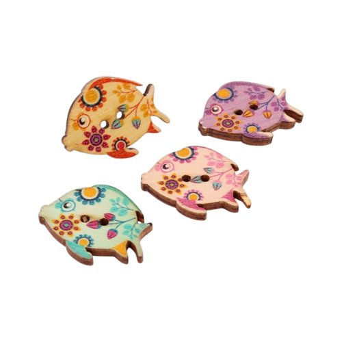 15 boutons poissons en bois décoratifs, 3 cm, couture, customisation, projets couture et scrapbooking