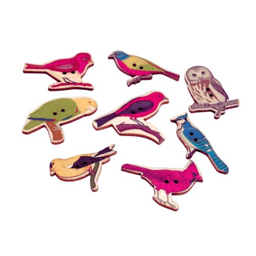 15 boutons oiseaux, hibou en bois naturel pour vos projets couture, scrapbooking, customisation