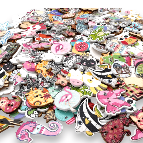 50 boutons animaux en bois peint, chats poissons, hiboux papillons, vaches ...