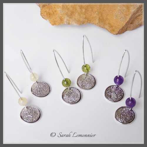 Boucles d'oreilles roche "granite" et perle de gemme au choix