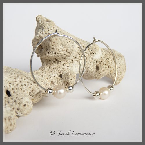 Boucles d'oreilles créoles en argent, perle de culture et d'argent- mariage -