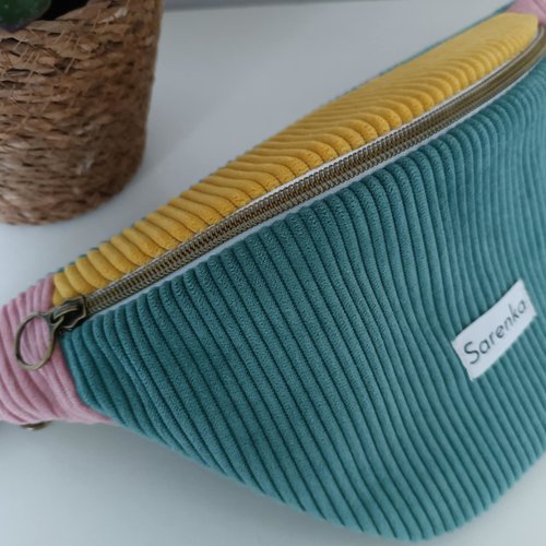 Sac banane velours côtelé,fabrication française,velours menthe,vieux rose