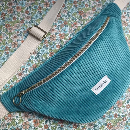 Sac banane velours côtelé,fabrication française,velours petrol,