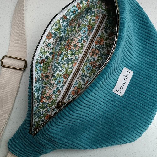Sac banane velours côtelé,fabrication française,velours petrol,