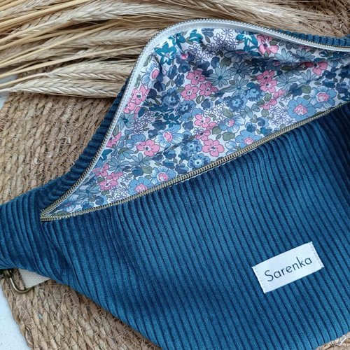 Sac banane velours côtelé,fabrication française,velour bleu marine