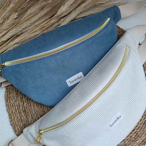 Sac banane velours côtelé ivoire,fabrication française,portefeuille velours côtelé  ivoire,bleu jeans,