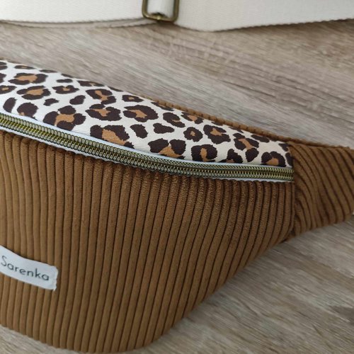 Sac banane xl léopard et velours côtelé marron,fait main en france,cadeau de noël ,