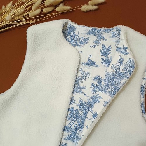 Gilet berger réversible femme,gilet moumoute et tissu toile de jouy,fait main en france,