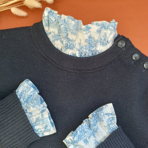 Col froufrou amovible, col victorien motif toile de jouy,manchettes toile de jouy,