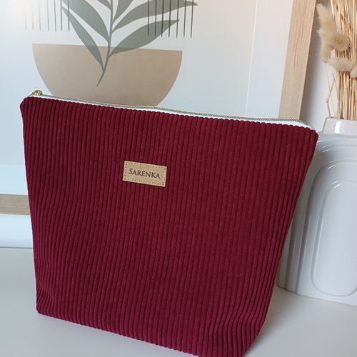 Grande trousse de toilette en velours côtelé bordeaux, toile de jouy,pochette velours,pochette de voyage,trousse à maquillage