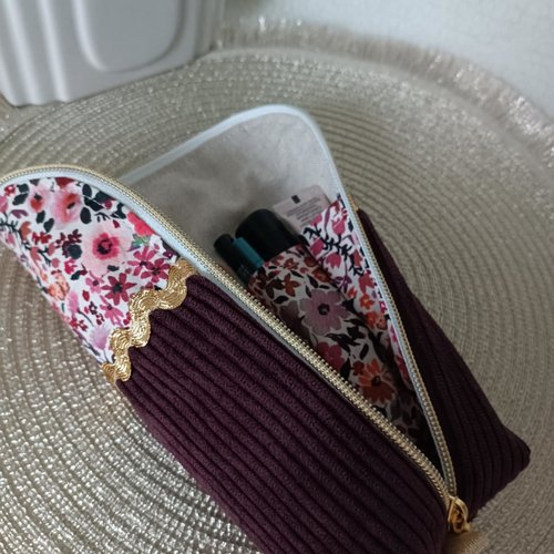 Trousse de maquillage en velours côtelé prune,trousse de toilette, pochette à pinceaux en velours côtelé,trousse écol