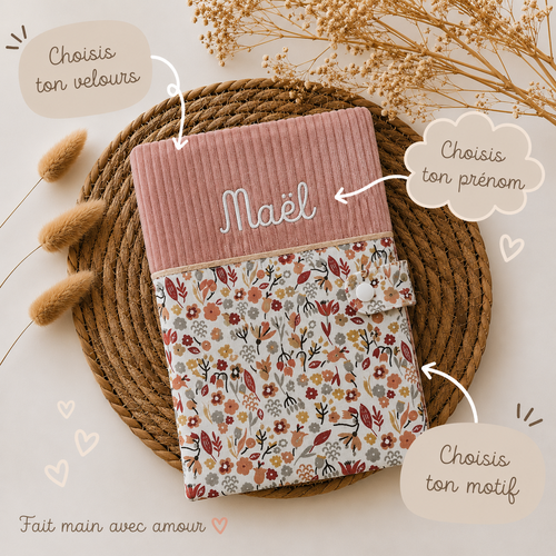 Protège carnet de santé personnalisé en velours côtelé et coton,cadeau de naissance fille garçon , accessoire bébé