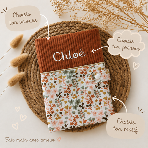 Protège carnet de santé personnalisé en velours côtelé et coton,cadeau de naissance fille garçon , accessoire bébé