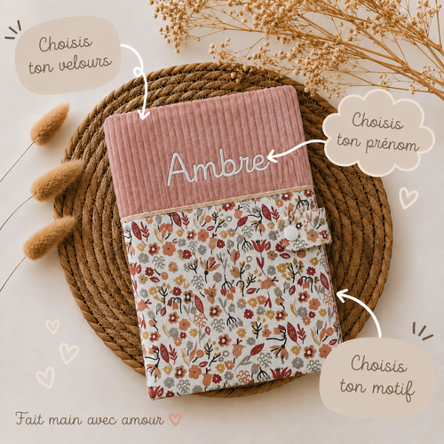 Protège carnet de santé personnalisé en velours côtelé et coton, cadeau de naissance fille garçon , accessoire bébé