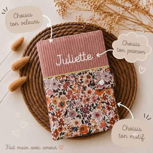 Protège carnet de santé personnalisé en velours côtelé et coton, cadeau de naissance fille garçon , accessoire bébé