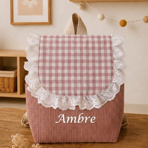 Sac à dos enfant maternelle personnalisé – velours rose poudre & motif floral