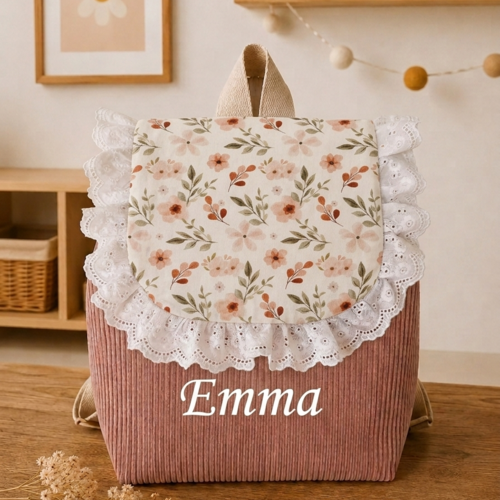Sac à dos enfant maternelle personnalisé – velours rose poudre & motif floral