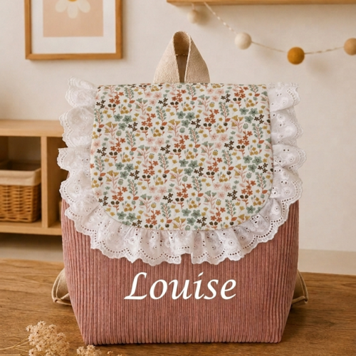 Sac à dos enfant maternelle personnalisé – velours rose poudre & motif floral