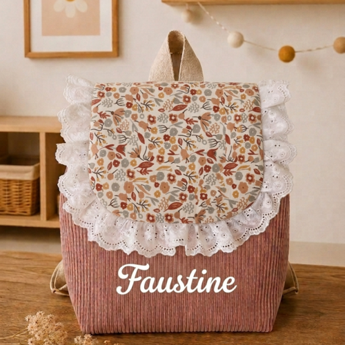 Sac à dos enfant maternelle personnalisé – velours rose poudre & motif floral