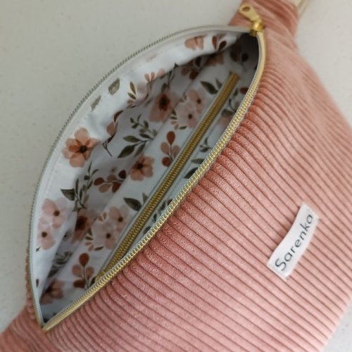 Sac banane en velours côtelé rose poudre, poche zippée,fait main en france