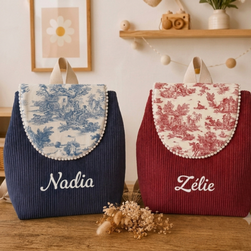 Sac à dos enfant maternelle personnalisé , velours côtelé  & motif toile de jouy