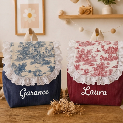 Sac à dos enfant maternelle personnalisé – velours côtelé & motif toile de jouy