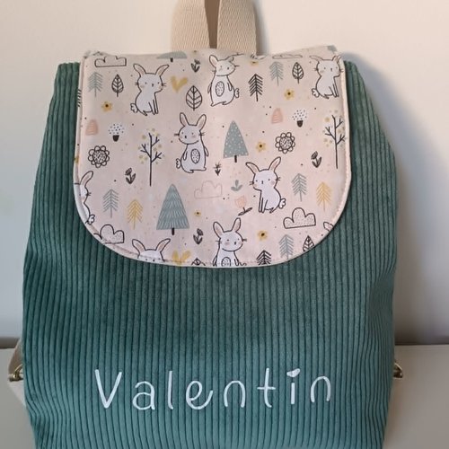 Sac à dos enfant maternelle personnalisé , velours côtelé menthe  & motif lapin