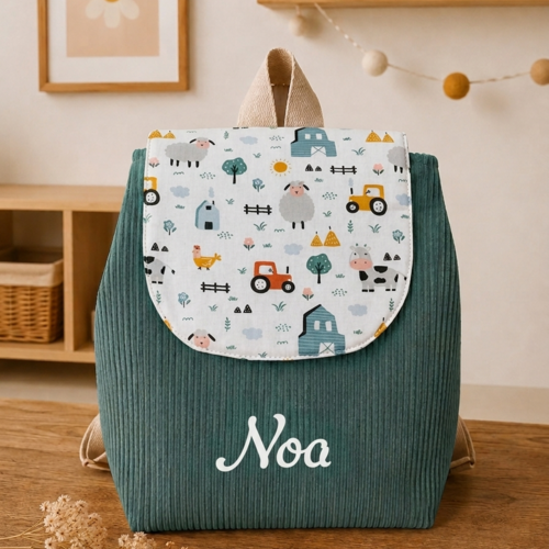 Sac à dos enfant maternelle personnalisé ,velours côtelé vert foncé
