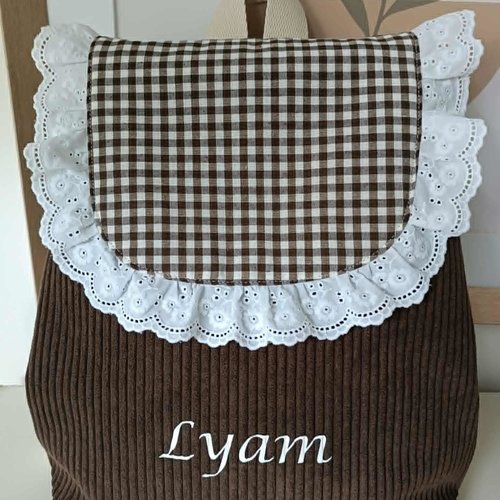 Sac à dos enfant maternelle personnalisé – velours marron & coton vichy