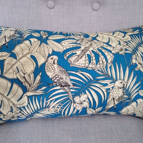 Housse de coussin , motif jungle, bleu, beige,tropical,palms,parrots,30x50cm,