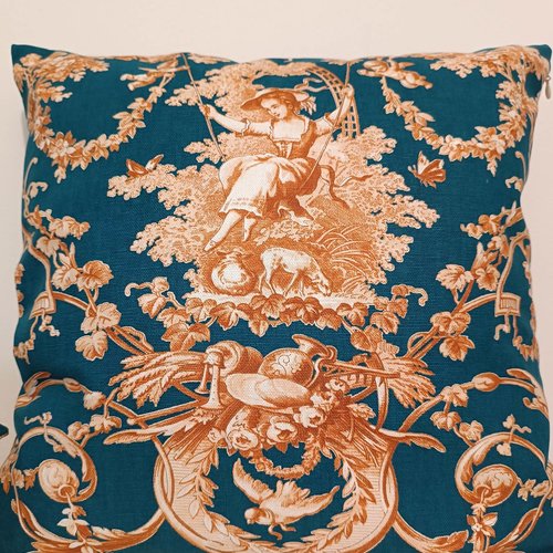 Housse tissu toile de jouy "ludivine" maison thevenon,40cmx40cm,couleur bleu canard, fait à la main en france!