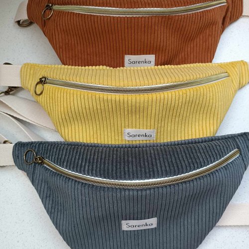 Sac banane velours côtelé,fabrication française,velours gris,jaune,cuivre,