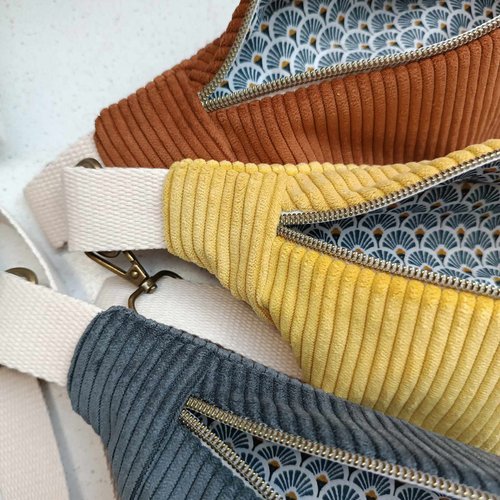 Sac banane velours côtelé,fabrication française,velours gris,jaune,cuivre,