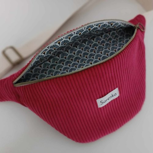 Sac banane velours côtelé,fabrication française,tissu velours côtelé framboise,