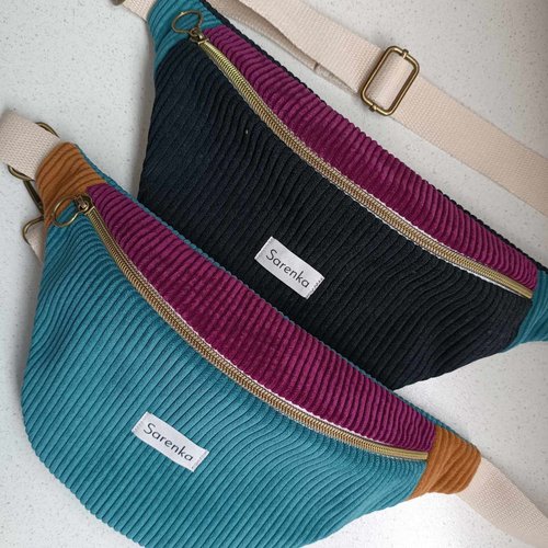 Sac banane velours côtelé,fabrication française,sac banane multicolore,velours bleu canard,noir,purple,camel,