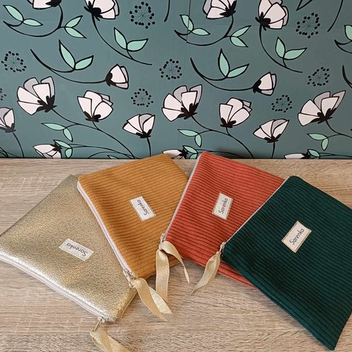 Trousse de maquillage,pochette plate en velours côtelé, fait main en france,
