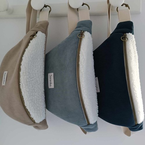 Sac banane duo moumoute et velours côtelé beige,gris,fabrication française,sac banane multicolore,cadeau noël,