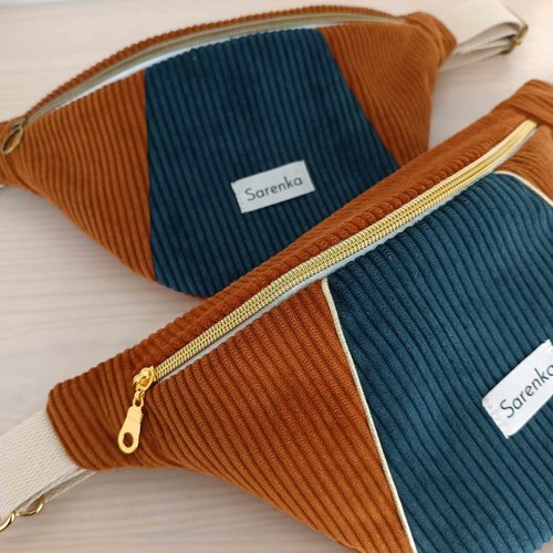 Sac banane  duo en velours  côtelé rouille et marine, pour lui,fait main en france,