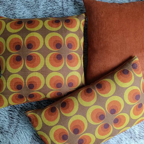Housse de coussin retro,70s, 100%lin,fait main en france,orange,marron,velours,