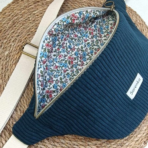 Sac banane velours côtelé bleu marine,fabrication française,cadeau noël,banane femme fleuri,sac tendance,fait main,