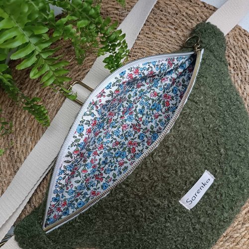 Sac banane kaki en tissu bouclette,fabrication française,cadeau noël,banane femme fleuri,sac tendance,fait main