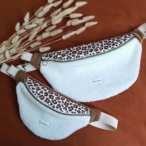 Sac banane xl moumoute et velours côtelé,fait main en france,sac banane léopard,cadeau de noël ,